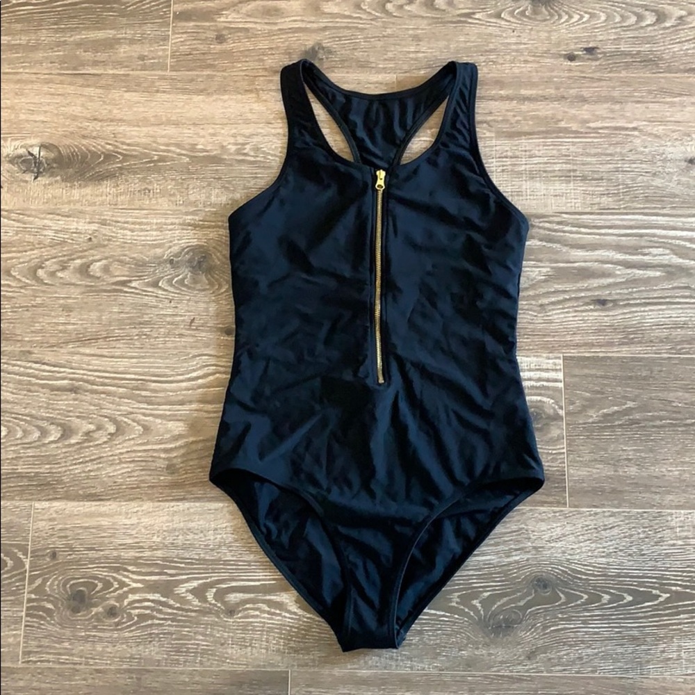 Black Racerback Suit w/ Gold Zipper Detail